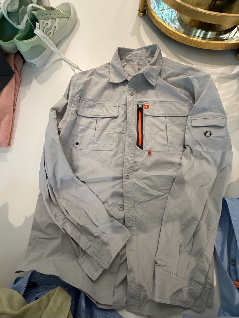 Men's Light Gray Utility Shirt Jacket with Orange Zip Accent